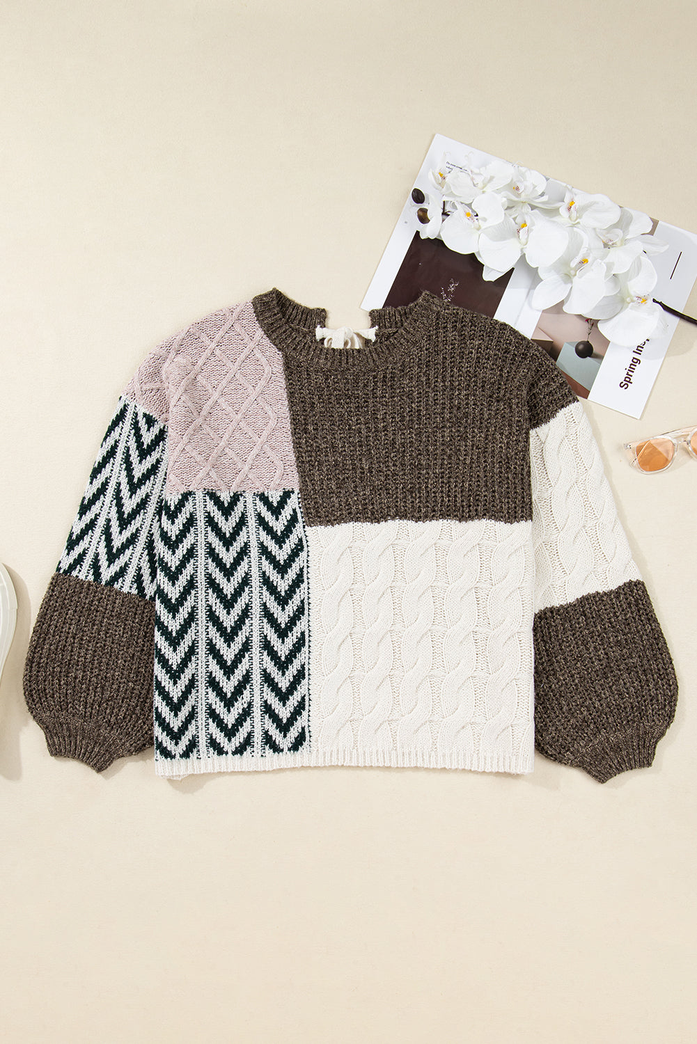 Brown Plus Size Color Block Patchwork Knotted Back Sweater Dear-Lover Dropshipping